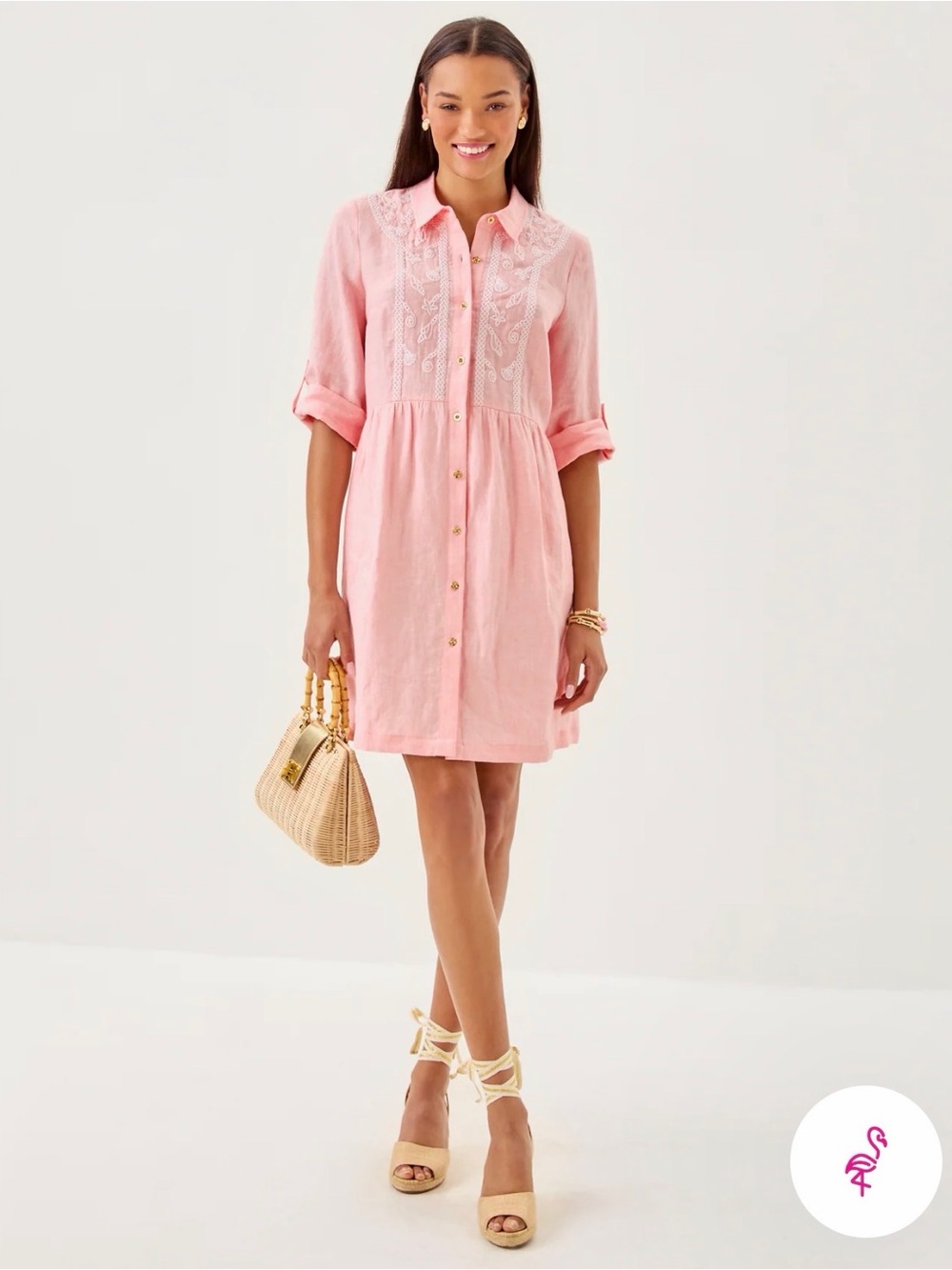 Lilly Pulitzer Shaela Linen Shirt Dress Pink Shell Coastal Embroidery Size Large